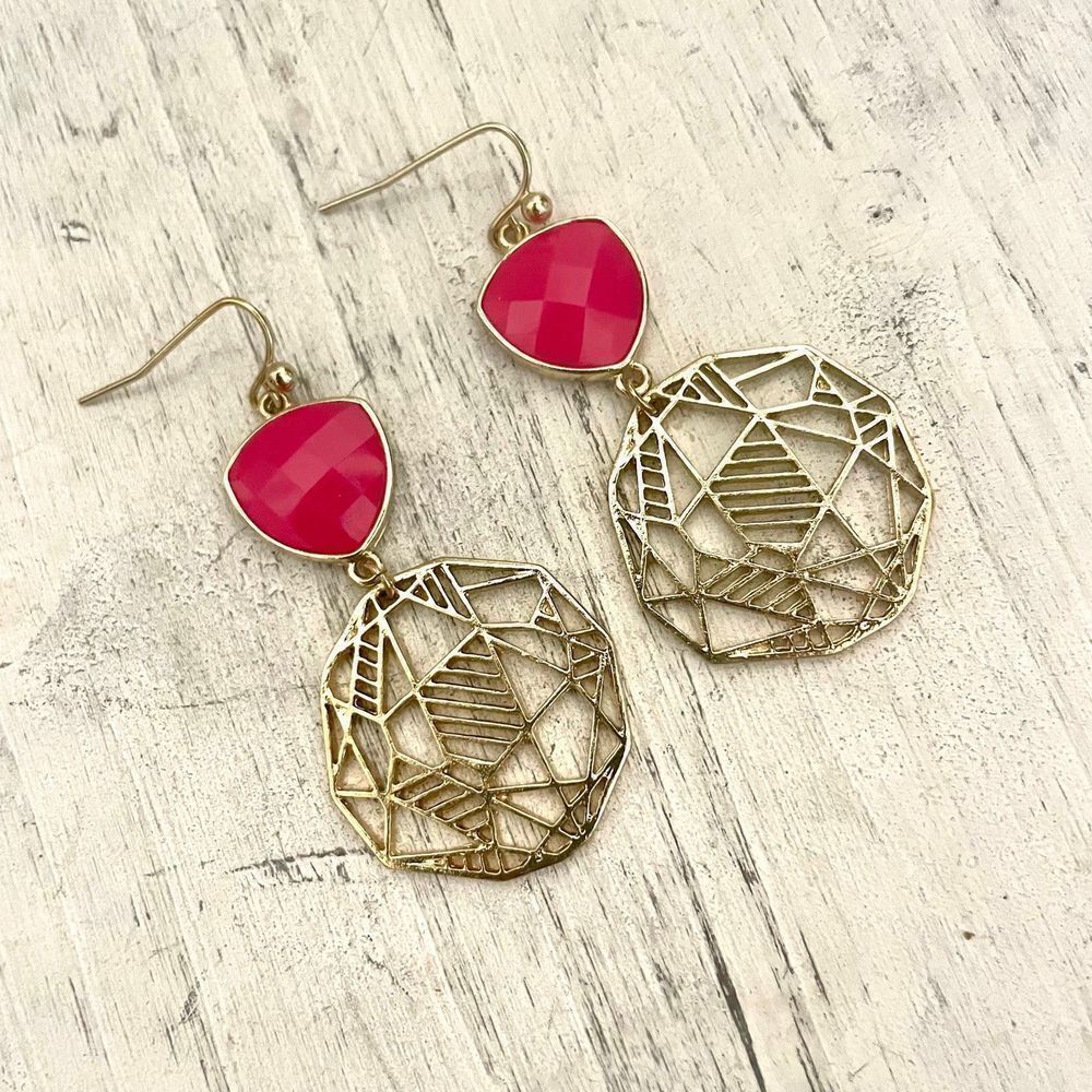 Pink and gold tone drop earrings